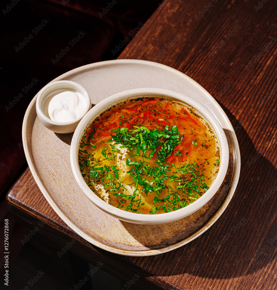Delicious soup served with garnish in a cozy setting Delicious soup served with garnish in a cozy setting