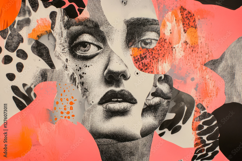A collage of surreal human faces in a fragmented risograph style, with overlapping distorted features, bold halftone textures, and abstract shapes adding depth.