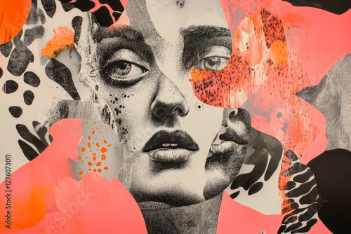 A collage of surreal human faces in a fragmented risograph style, with overlapping distorted features, bold halftone textures, and abstract shapes adding depth.