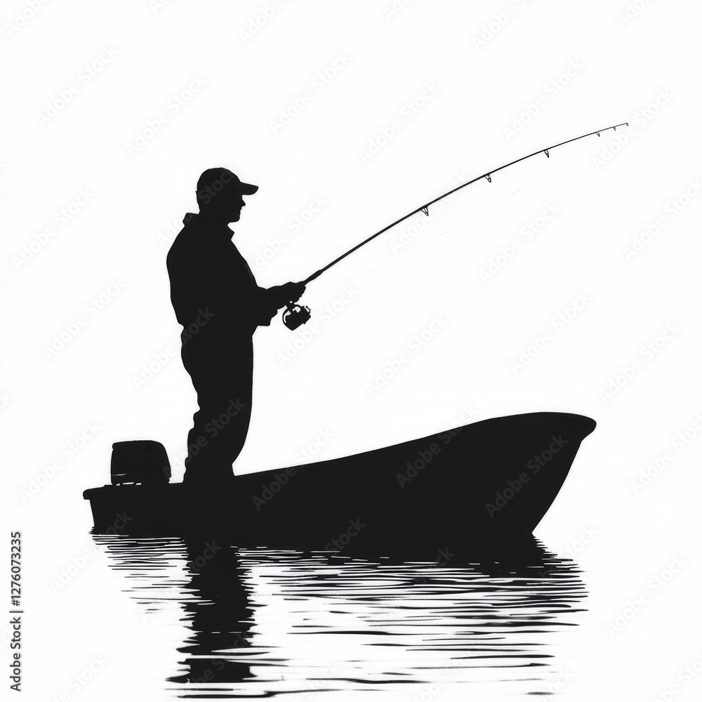 Fototapeta premium Silhouette of person fishing from small boat on calm water with fishing pole
