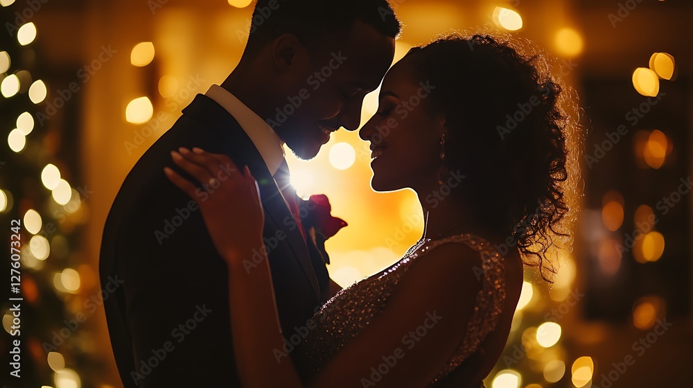 Couple Embracing in Romantic Silhouette with Bokeh Lights Background Couple Embracing in Romantic Silhouette with Bokeh Lights Background