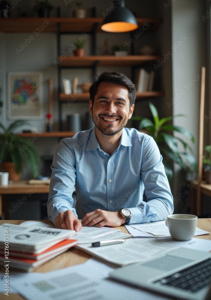 Professional man smiling while working in a modern office environment Professional man smiling while working in a modern office environment
