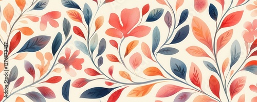 A vibrant floral pattern featuring soft pink and blue leaves, creating a harmonious and elegant design.