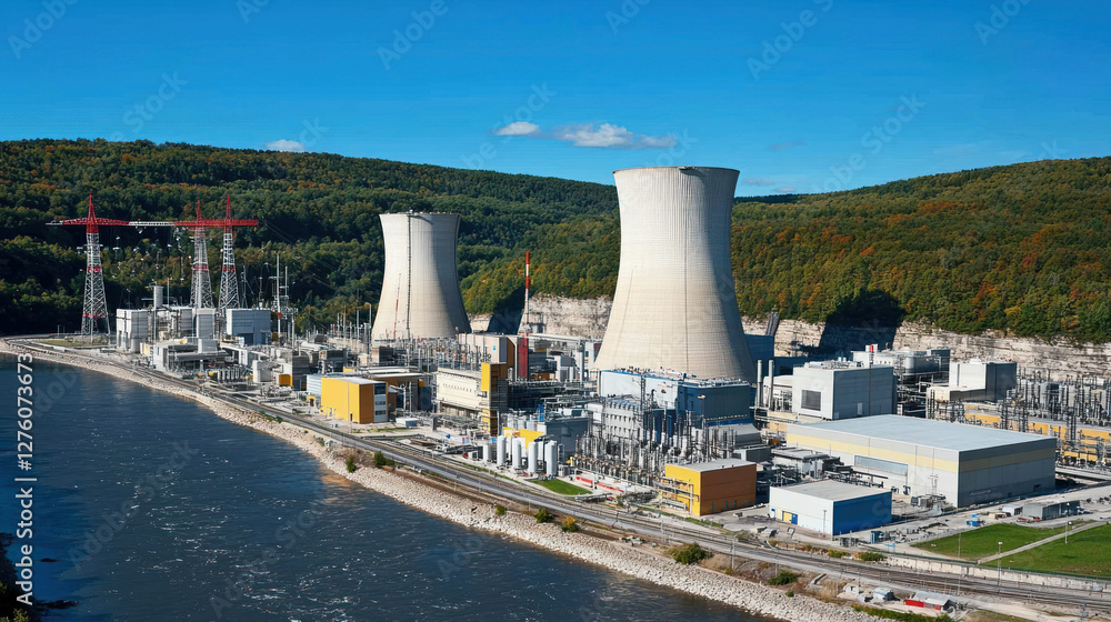Nuclear power plant near river with cooling towers and green hills Nuclear power plant near river with cooling towers and green hills