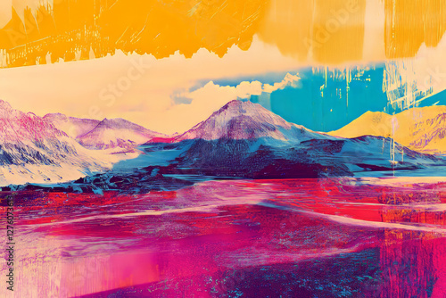 A futuristic, robotic risograph landscape with glitchy overprints, vivid electronic hues, and a layered, otherworldly terrain that appears to vibrate with energy. photo