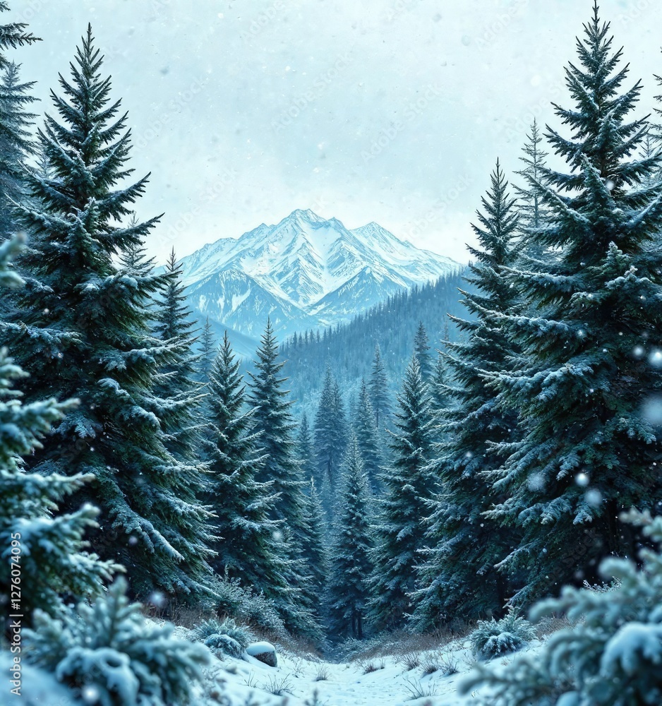 Fototapeta premium Tranquil forest atmosphere with snowflakes gently falling on evergreen trees and a distant mountain range , snowfall, serene landscapes