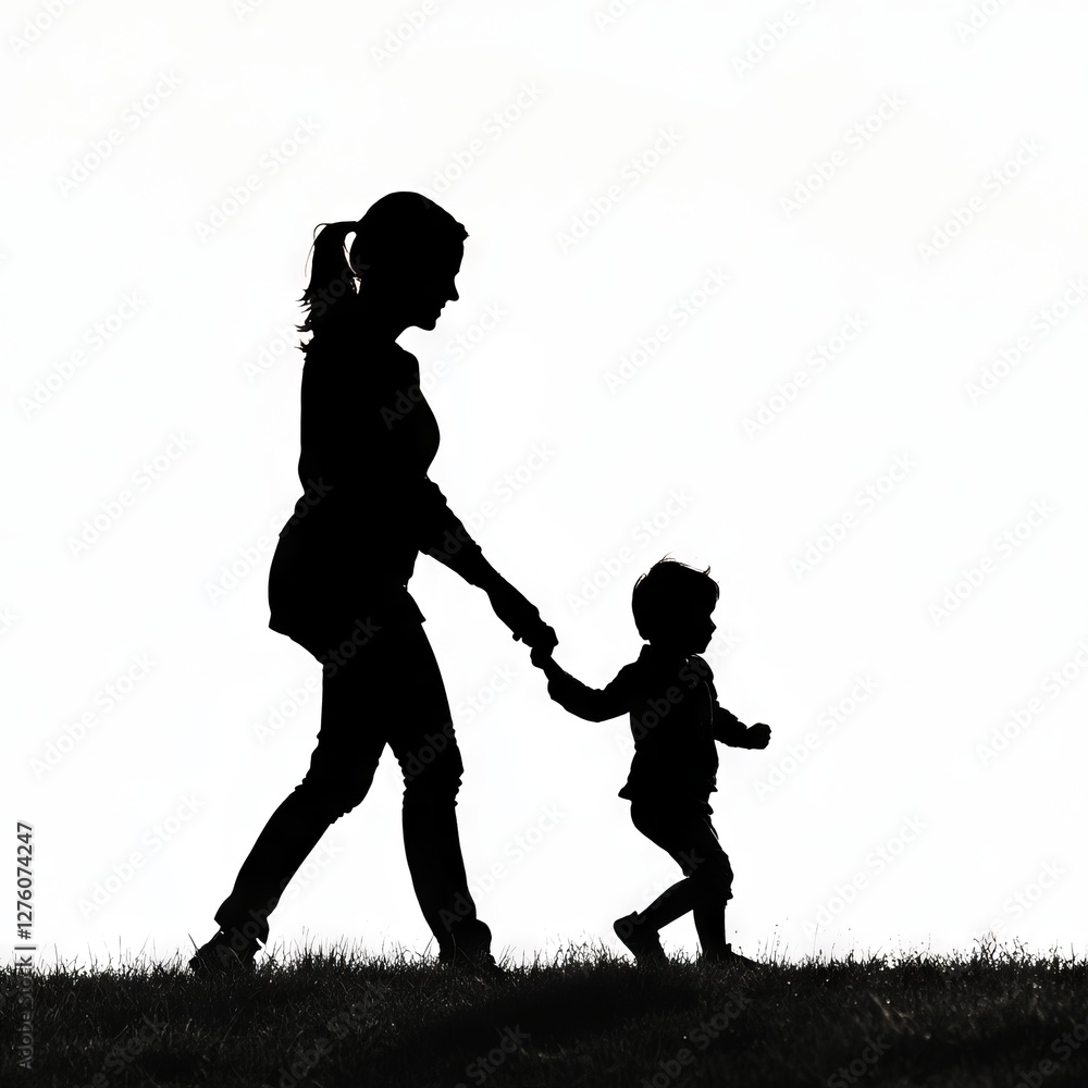 Silhouette of a mother and child walking together on a grassy hill. Silhouette of a mother and child walking together on a grassy hill.