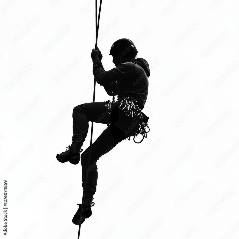 Silhouette of a climber descending on a rope, wearing safety gear and helmet. Silhouette of a climber descending on a rope, wearing safety gear and helmet.