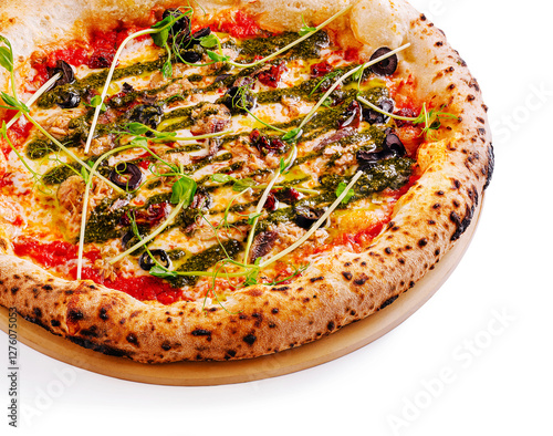 Freshly baked pizza with vibrant toppings and crispy crust photo