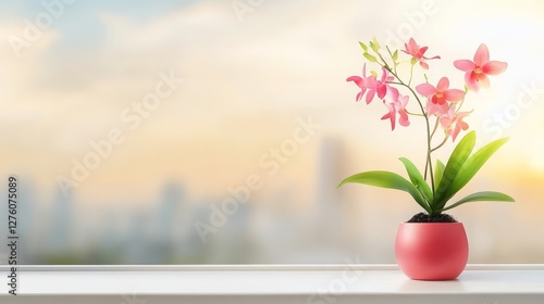 Pink Orchid Plant on Windowsill - A pink orchid in a coral pot sits on a windowsill, with a blurred cityscape background at sunset photo