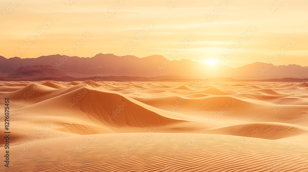 Golden Desert Dunes Sunset Mountain Landscape Golden Desert Dunes Sunset Mountain Landscape