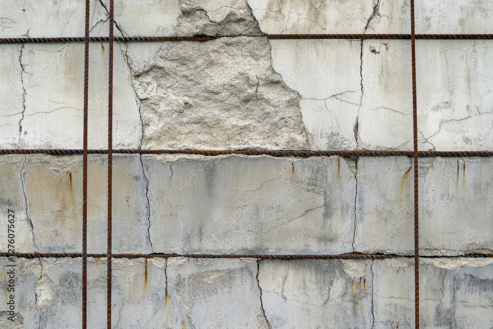 A minimalist brutalist texture with exposed rebar, weathered stone surfaces, and deep crevices.