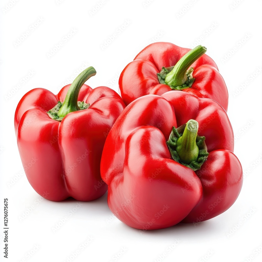 Three vibrant red bell peppers isolated on white background, showcasing their glossy texture and fresh appearance. Three vibrant red bell peppers isolated on white background, showcasing their glossy texture and fresh appearance.