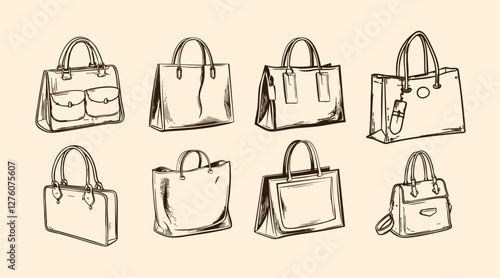 Types of bags. B. A set of bags isolated on a white background. Collection of luxury modern accessories.