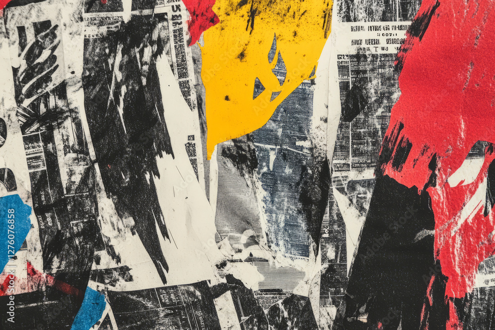 Fototapeta premium A chaotic risograph newspaper collage with bold headlines, torn paper textures, and high-contrast grain effects.
