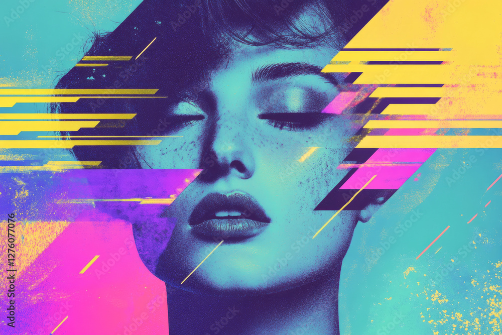 Fototapeta premium A high-contrast risograph portrait background, featuring misaligned vibrant cyan, magenta, and yellow layers, with abstract ink textures and a grainy halftone effect.