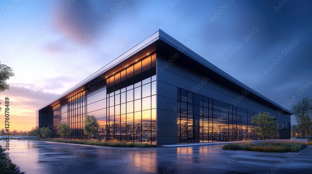 A modern building with large glass windows reflecting a colorful sunset, surrounded by greenery and pavement, showcasing contemporary architecture. A modern building with large glass windows reflecting a colorful sunset, surrounded by greenery and pavement, showcasing contemporary architecture.