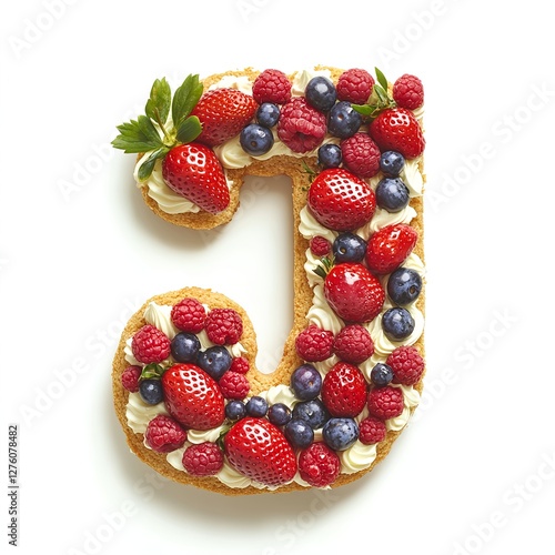 Delicious letter J cake, adorned with fresh strawberries, raspberries, and blueberries. A sweet treat! photo