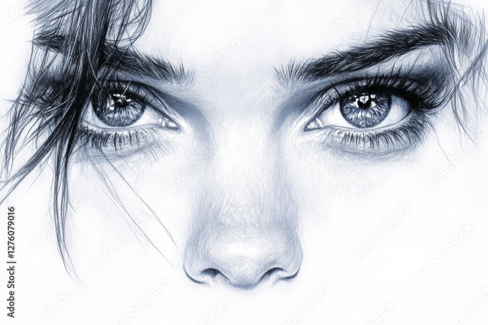 Fototapeta premium Detailed black and white drawing of expressive eyes with intricate eyelashes and realistic shading