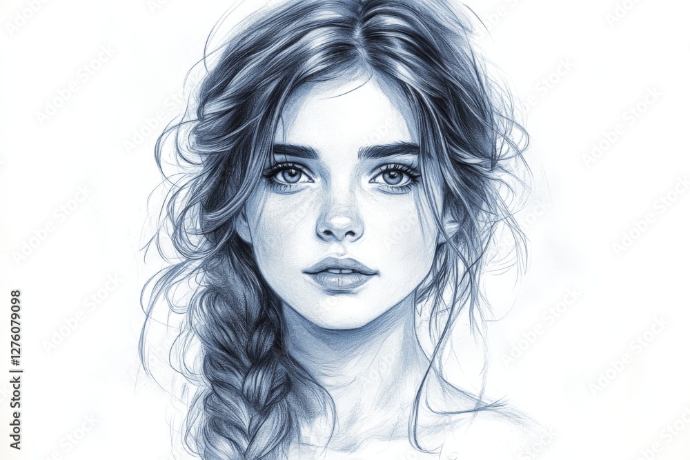 Drawing of a young woman with braided hair and expressive eyes in a soft blue color scheme created with pencil techniques Drawing of a young woman with braided hair and expressive eyes in a soft blue color scheme created with pencil techniques