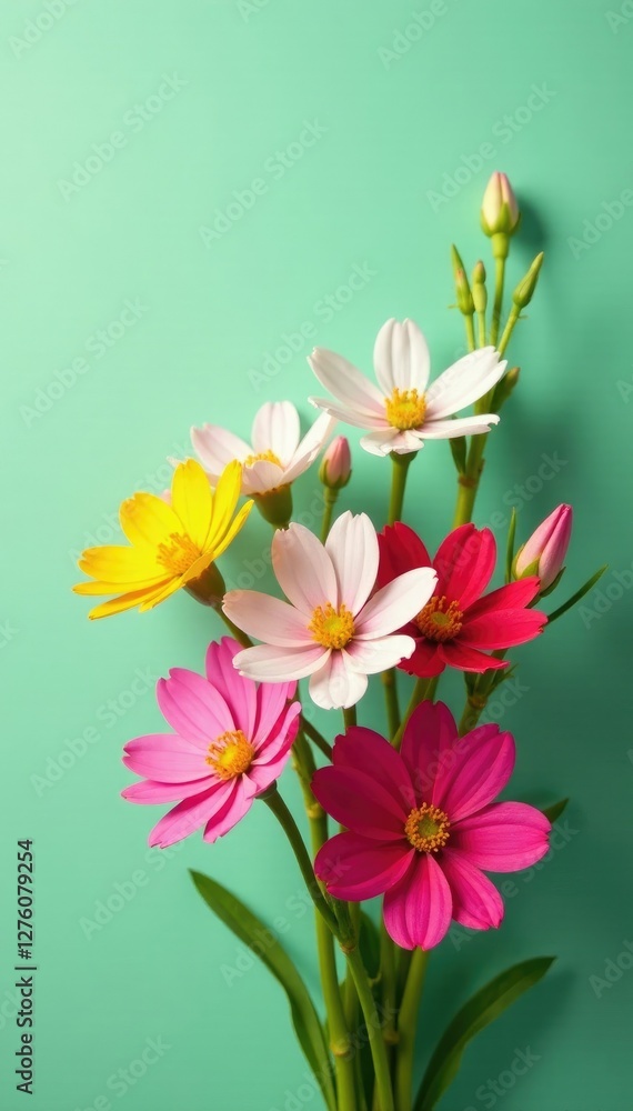Naklejka premium A bouquet of bright colored flowers on a light green background with a natural texture, blossoms, backdrop