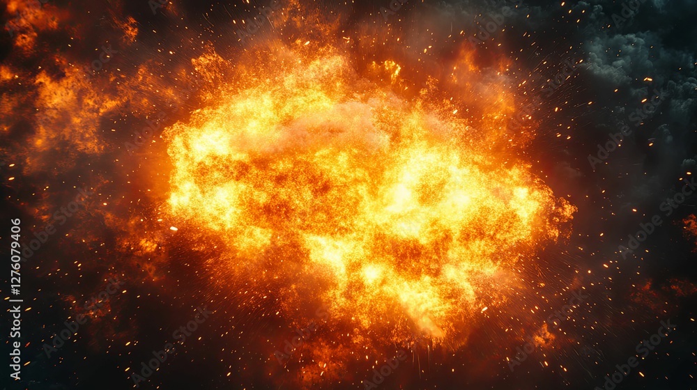 Fiery Explosion With Embers And Smoke In The Night Sky Fiery Explosion With Embers And Smoke In The Night Sky