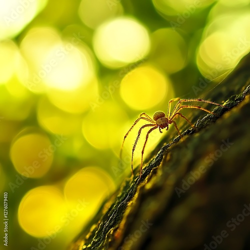 Forest Spider on Tree Trunk, Sunny Background photo