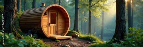 A wooden barrel sauna blends with its surroundings in the forest, forest trees, nature scenes