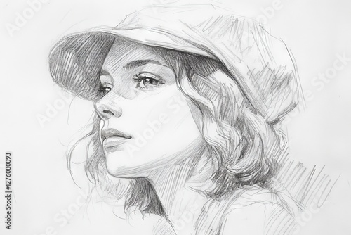 Portrait of a young woman wearing a hat, captured in fine pencil sketching showcasing intricate details and emotional depth