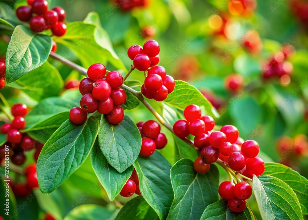 Amur Honeysuckle Berries: Minimalist Red Berries on Green Leaves Amur Honeysuckle Berries: Minimalist Red Berries on Green Leaves