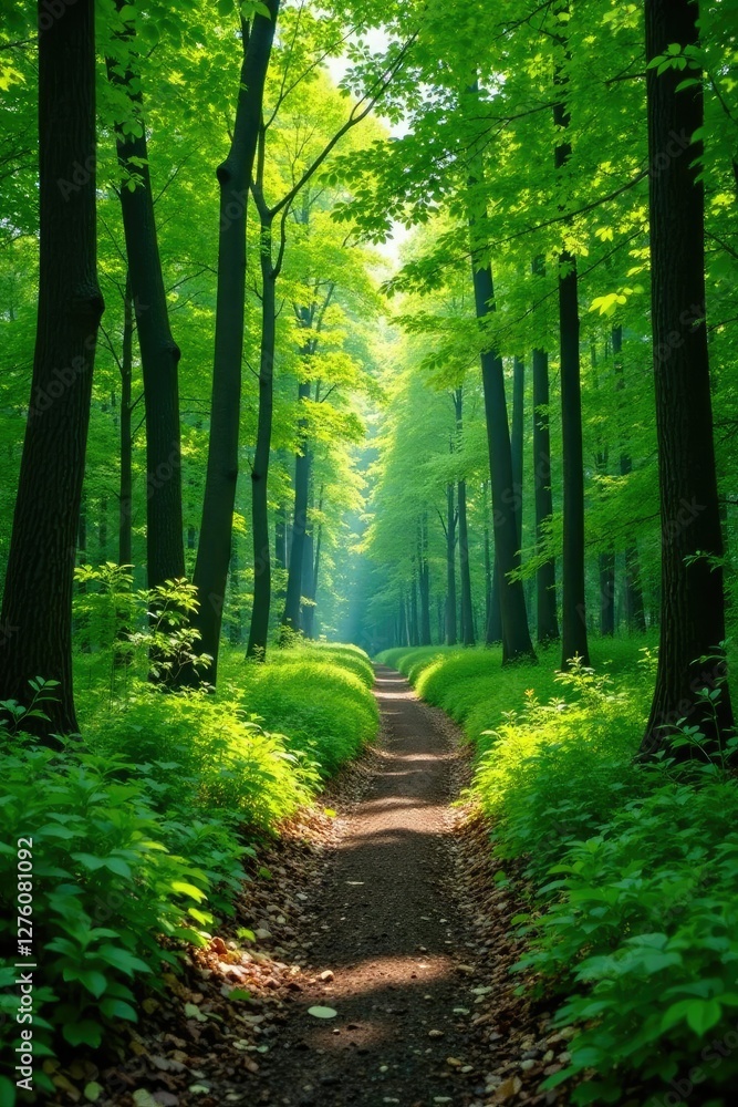 Obraz premium Forest path through dense green trees and foliage, nature, lakeside