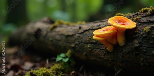 Fungi growing on a fallen dry coniferous tree trunk, decay, conifer, mushroom growth
