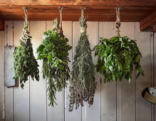 Bunches of fresh herbs drying in a rustic kitchen setting during daylight hours