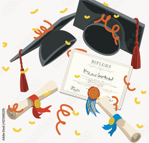 graduation hat  student university final celebration toss diplom and confetti in the air vector plat illustration on white background