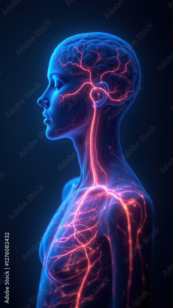 Vagus Nerve Stimulation concept with glowing brain and spinal cord, representing neural pathways affected by treatment. Vagus Nerve Stimulation concept with glowing brain and spinal cord, representing neural pathways affected by treatment.