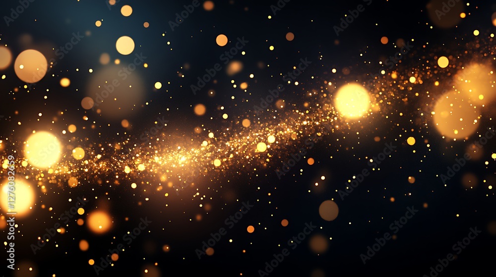 Fototapeta premium Golden glittering particles flowing on dark background