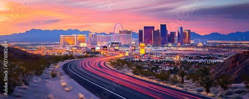 A desert road leading to Las Vegas with the city lights shining in the distance at dusk