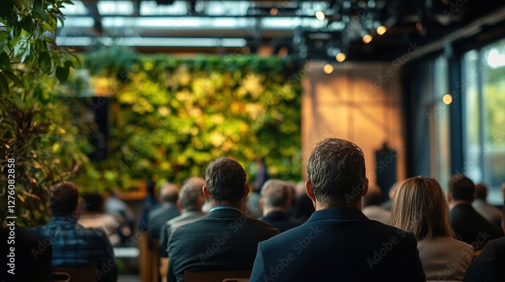Fototapeta premium A net-zero business event where industry leaders discuss strategies to achieve carbon neutrality.