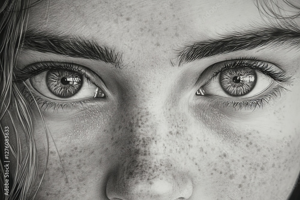 Obraz premium Close-up view of a young person's expressive eyes showcasing freckles and intricate details in natural light