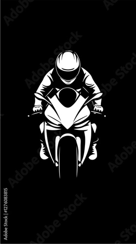 Black and white illustration of a sports motorcycle. Moto racer. Motorcyclist. Riding a motorcycle.