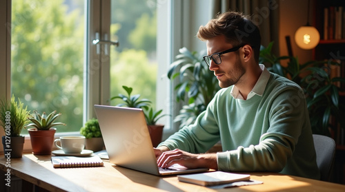 Man Working Remotely on a Laptop in a Apartment by a Large Window Overlooking the Garden, Wearing Glasses and Holding Coffee