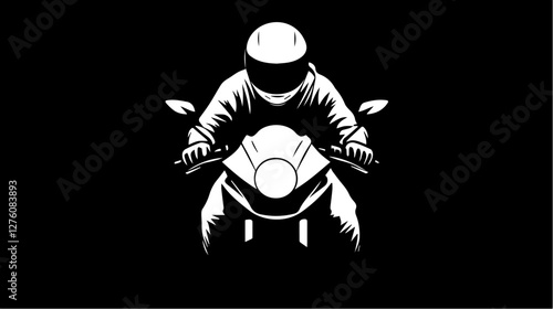 Black and white illustration of a sports motorcycle. Moto racer. Motorcyclist. Riding a motorcycle.