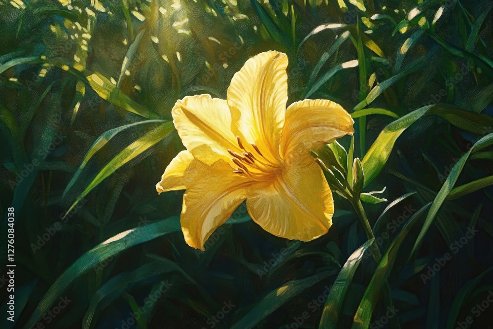Obraz premium Sunlit Yellow Daylily Flower Blooms Vibrantly in Lush Green Foliage, a Summer's Day Painting