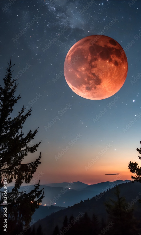 Naklejka premium Dramatic Total Lunar Eclipse with a Blood-Red Moon, Starry Night Sky, and Silhouetted Landscape, Capturing the Ethereal Beauty of This Celestial Event.
