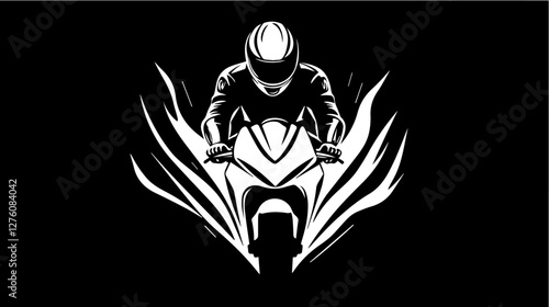 Black and white illustration of a sports motorcycle. Moto racer. Motorcyclist. Riding a motorcycle.