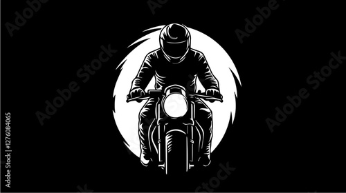 Black and white illustration of a sports motorcycle. Moto racer. Motorcyclist. Riding a motorcycle.