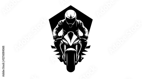 Black and white illustration of a sports motorcycle. Moto racer. Motorcyclist. Riding a motorcycle.