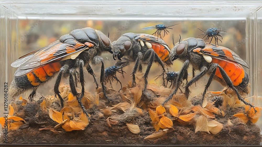 Fototapeta premium Three orange and black wasps displayed in a clear cube