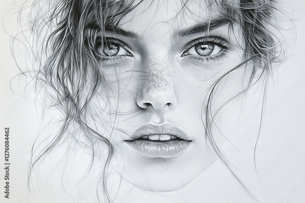Intricate portrait of a young woman with detailed facial features and flowing hair Intricate portrait of a young woman with detailed facial features and flowing hair