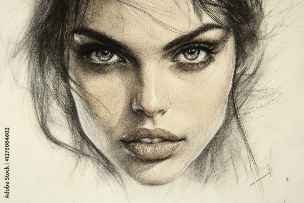 Obraz premium Detailed portrait of a woman showcasing expressive eyes and full lips in a realistic drawing style